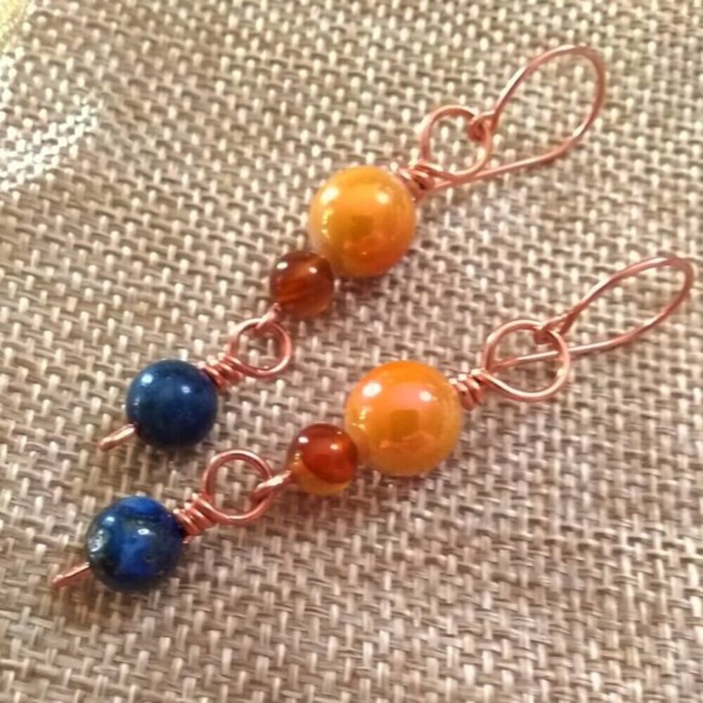 Spring Magic!  Blue Lapis, Brown Agate & Tangerine Ceramic Beads Earrings